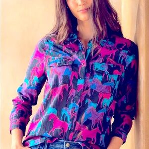 New! Equestrian Joy Print Button-Up Shirt Sundance Retail $98.